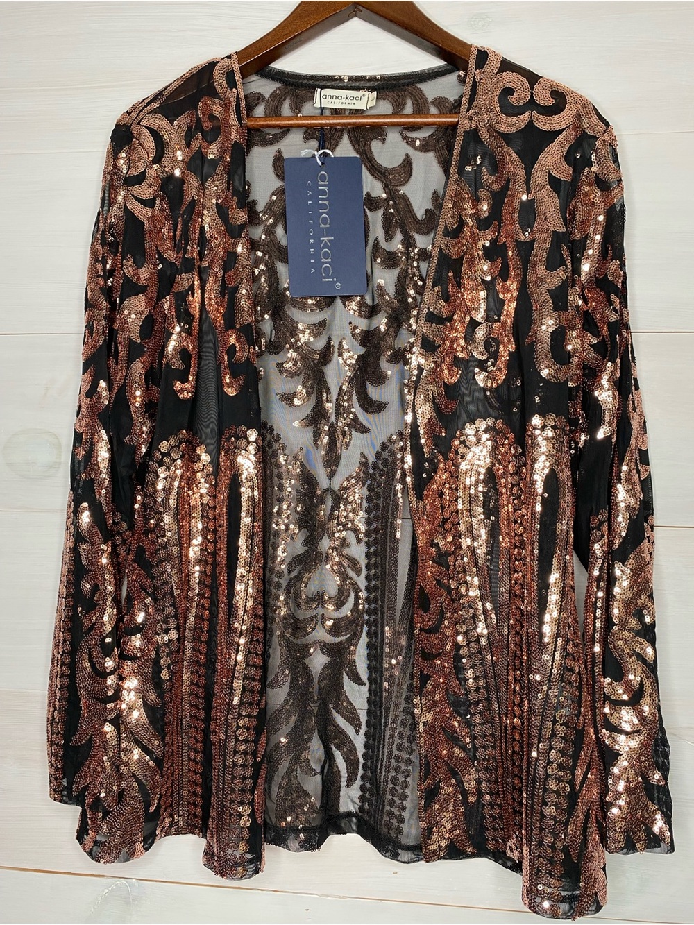 Anna-Kaci Rose Gold Sequin Black Mesh Open Front Cardigan - Size L